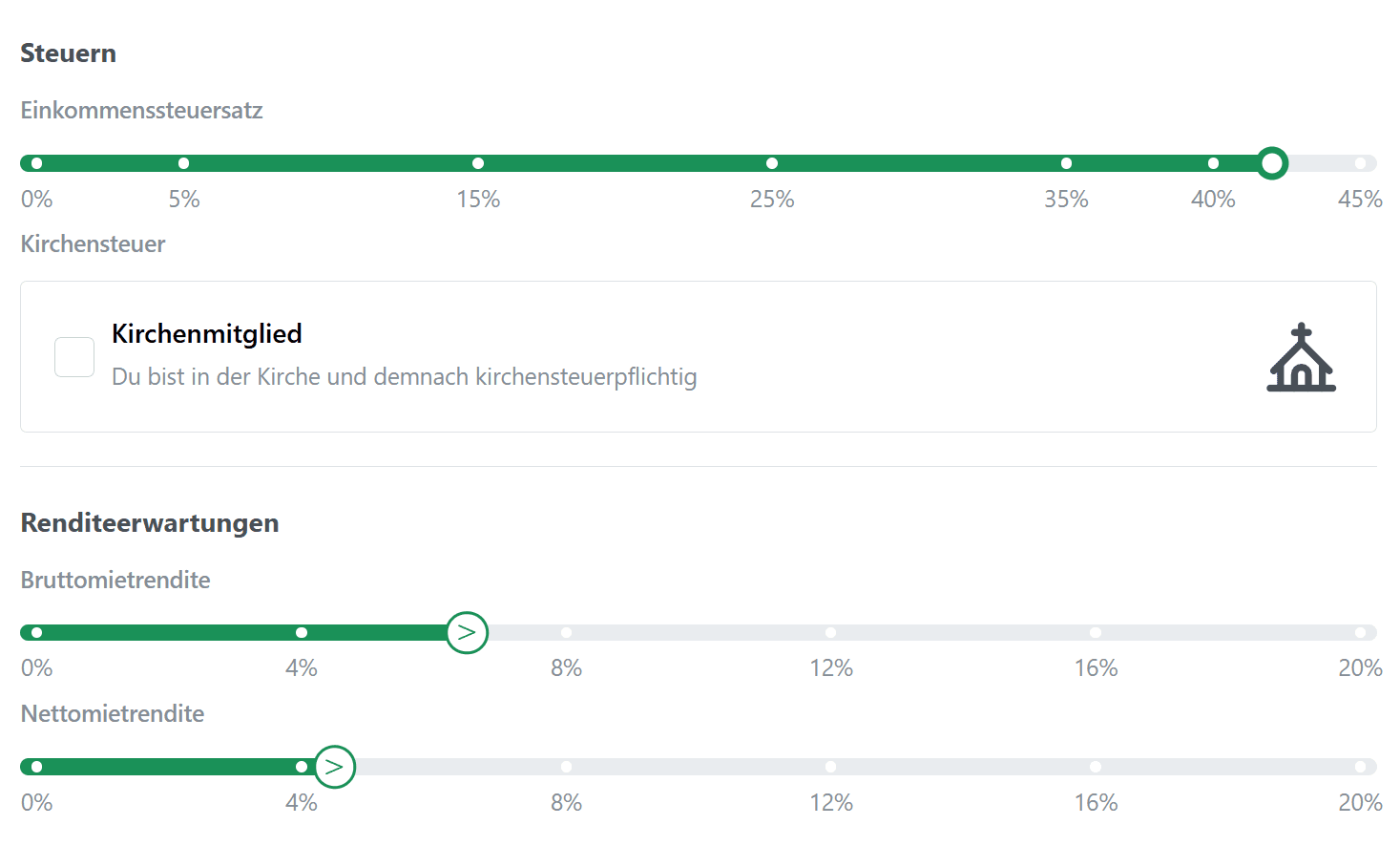 ImmoCalc Smart Defaults für persönliche Einstellungen
