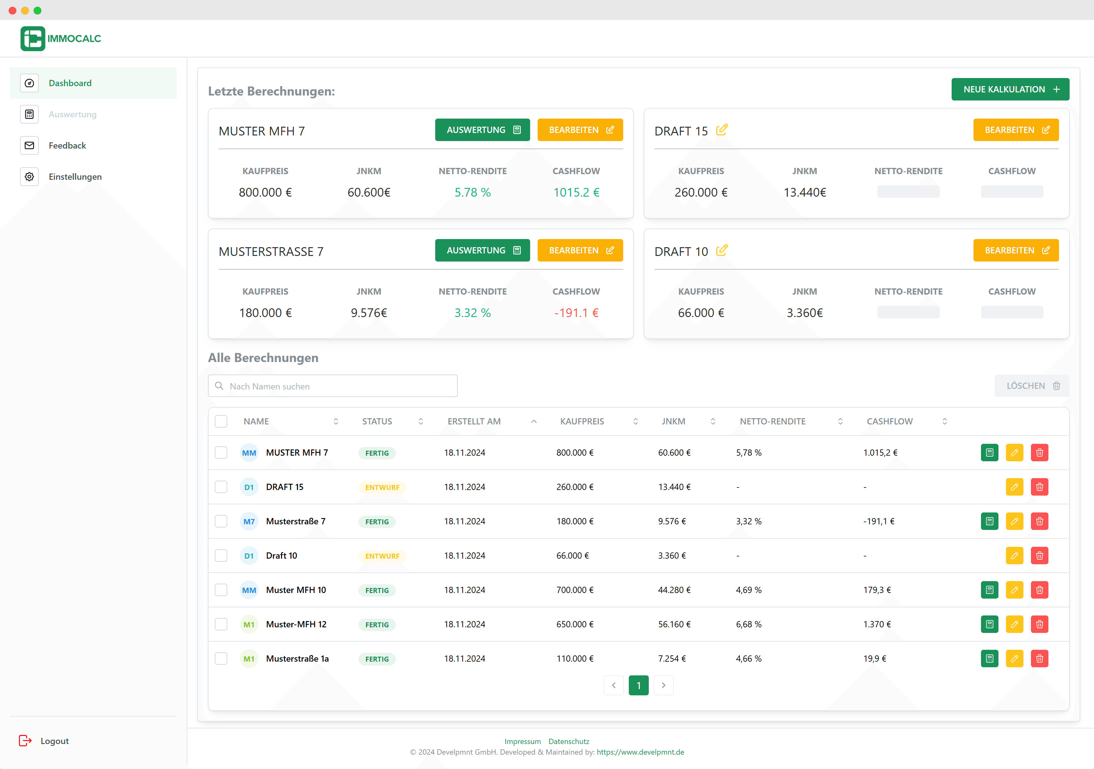 ImmoCalc Dashboard mit Übersicht aller Immobilien-Investments